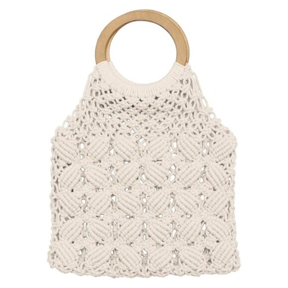 Crochet Beach Tote Macrame Round Wood Handle Bag in Cream - Picture 1 of 4